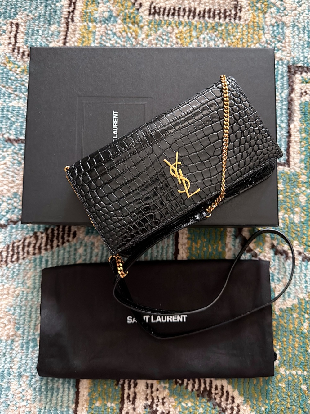 Saint Laurent YSL cassandre croc embossed black crossbody phone holder bag